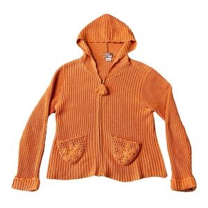 April Cornell Hooded Cardigan Sweater Large Orange Full Zip Crochet Cottage Core